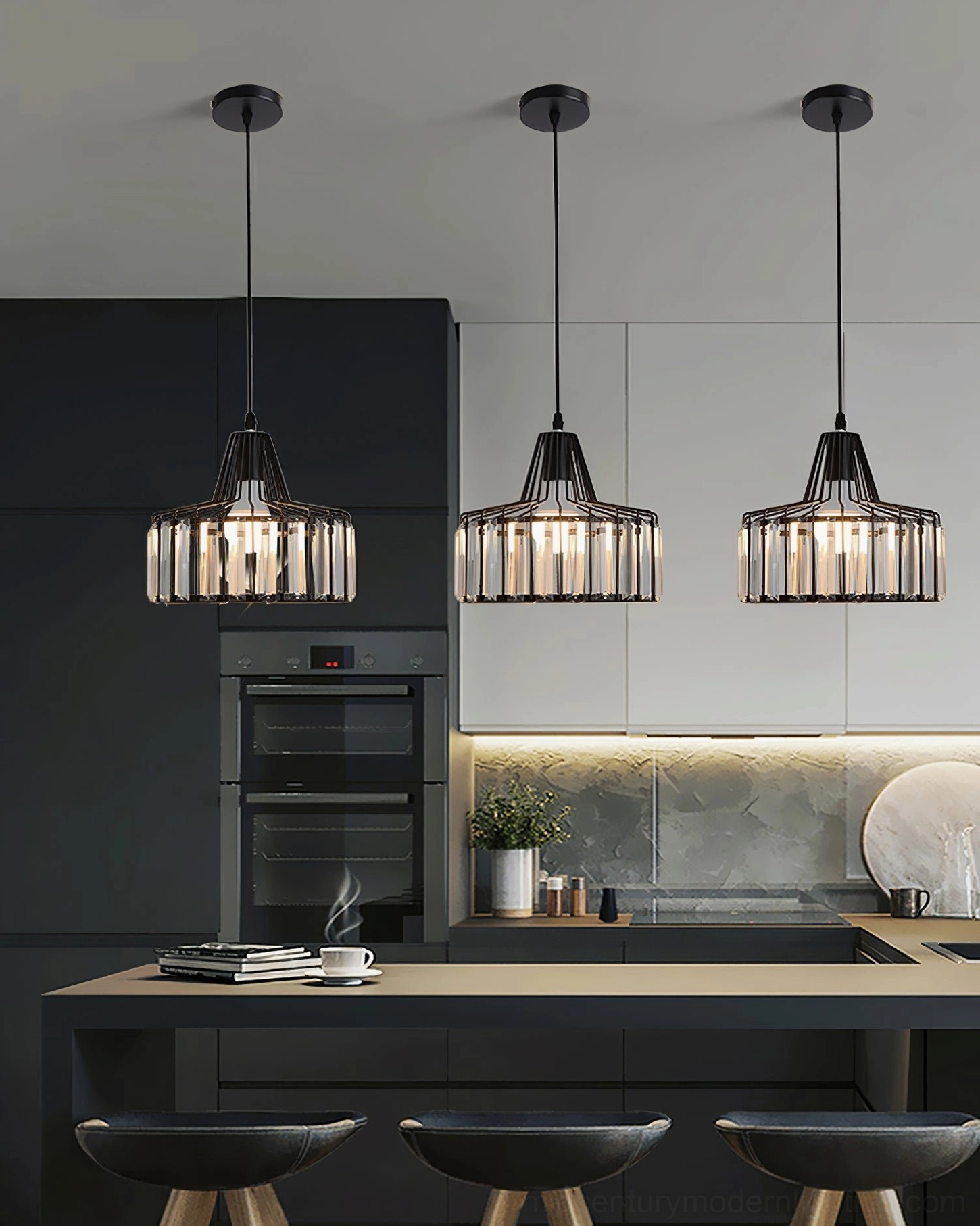 Contemporary pendant ceiling light with clear crystal cage design and minimalist aesthetic