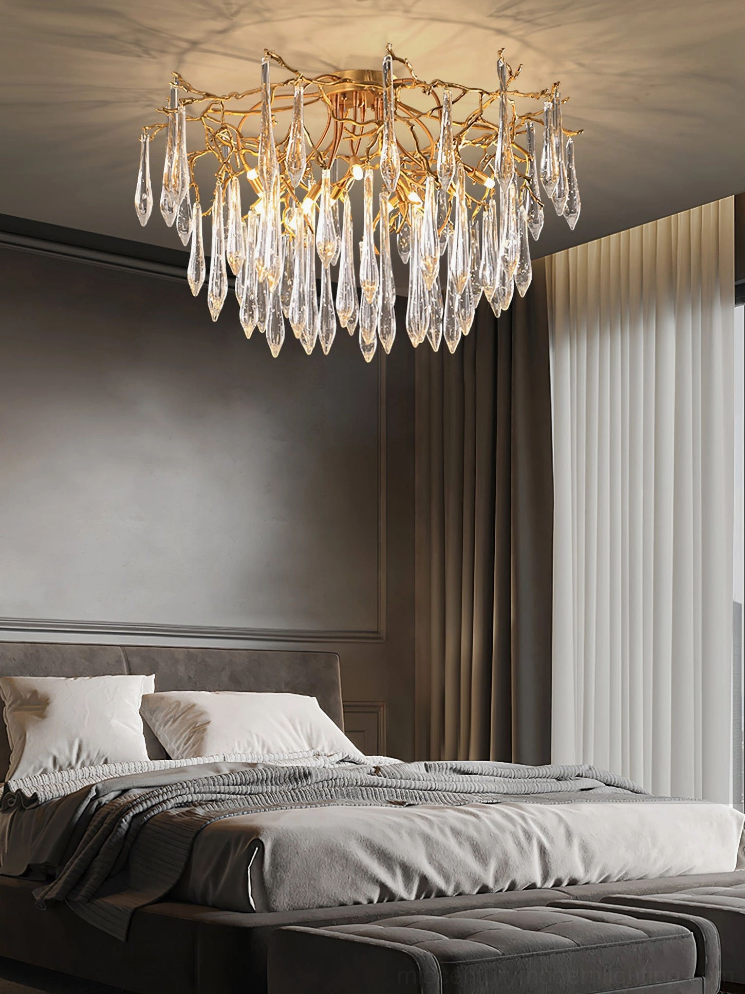 Contemporary crystal pendant lamp lighting modern bedroom with grey bedding, warm ambient glow