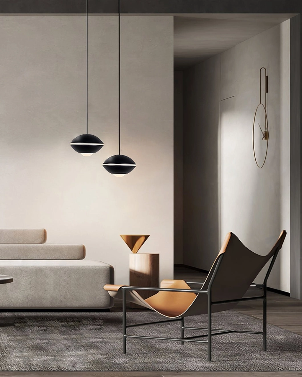 Contemporary disc pendant light, minimalist design aesthetic, modern interior illumination
