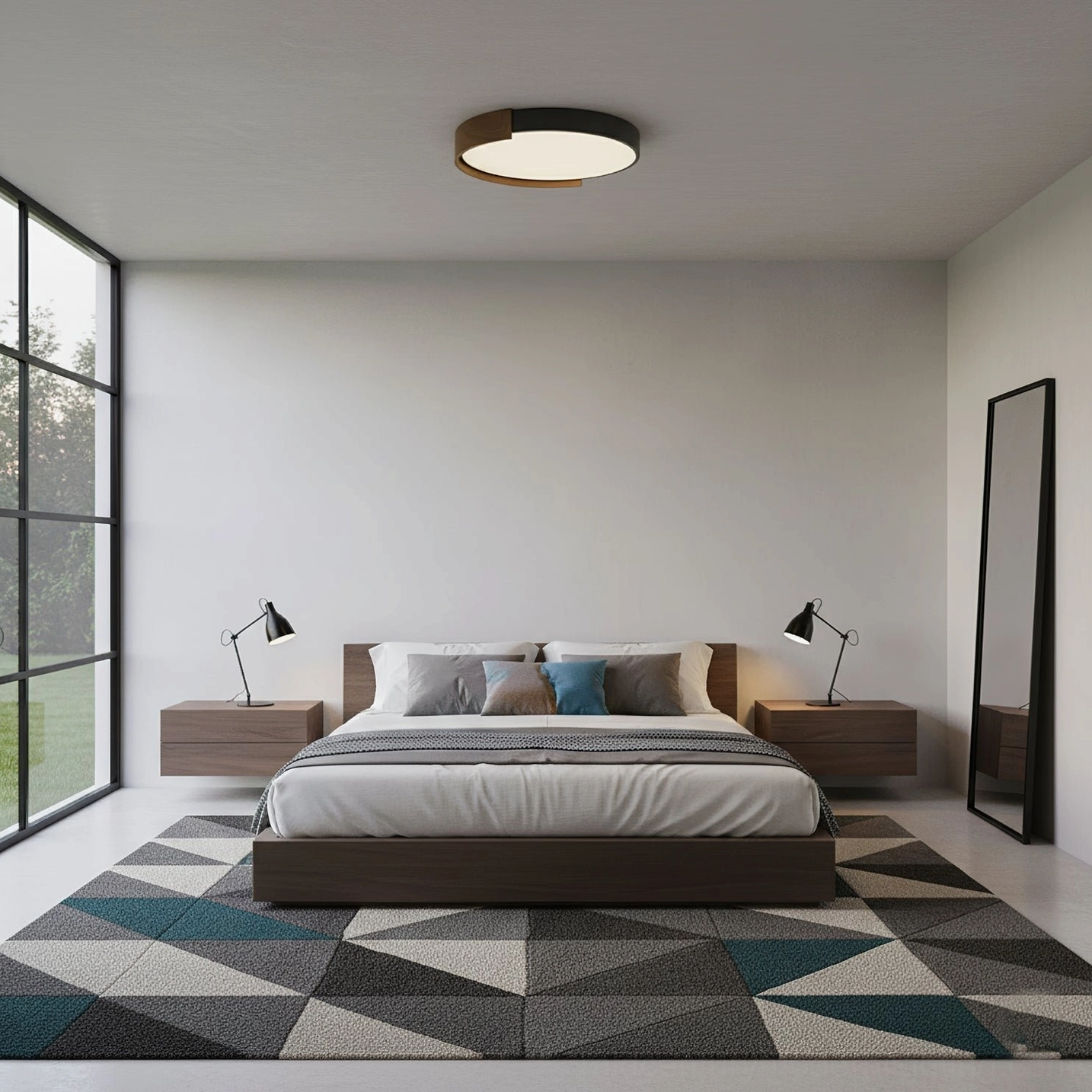 Contemporary minimalist flush mount ceiling light with geometric rug bedroom styling