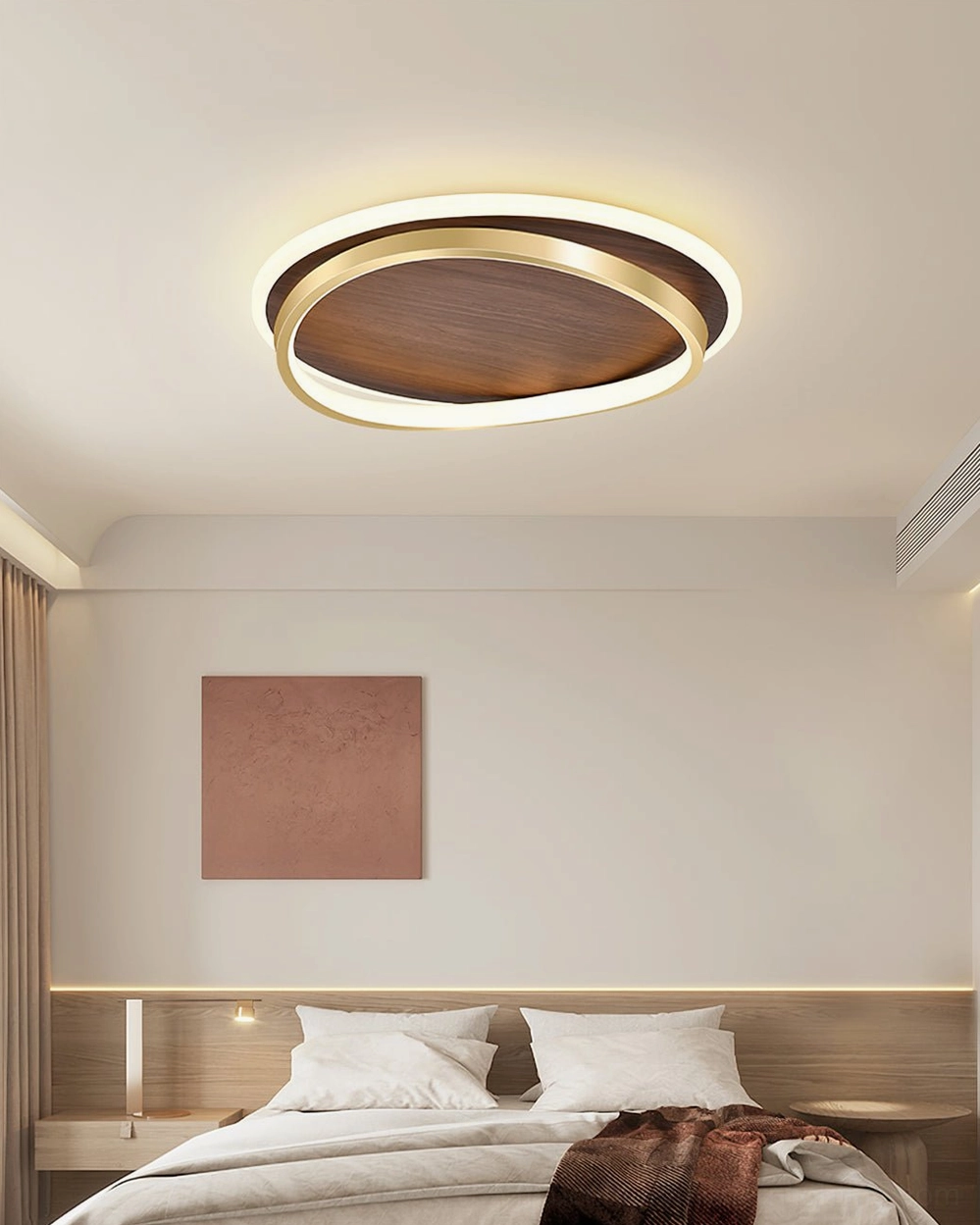 Contemporary flush-mount LED ceiling light with dual-ring design, modern minimalist bedroom lighting solution