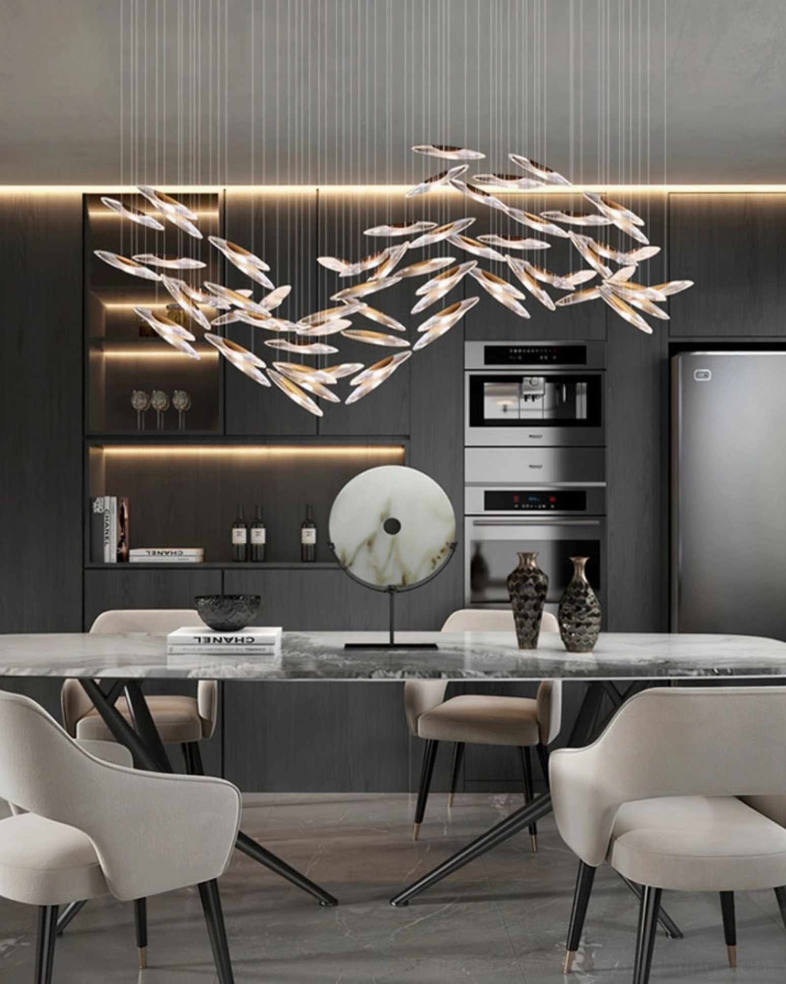 Contemporary glass chandelier with suspended pendant elements in minimalist luxury style