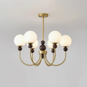 Contemporary glass pendant chandelier with metal frame and frosted glass globes, low-angle front perspective