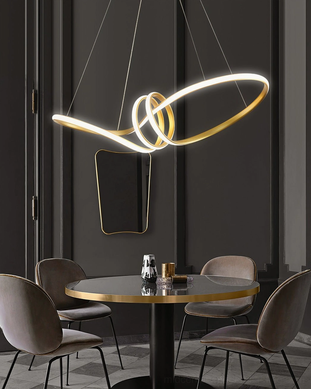 Contemporary gold brushed LED chandelier with integrated lighting, modern pendant fixture for minimalist interior design