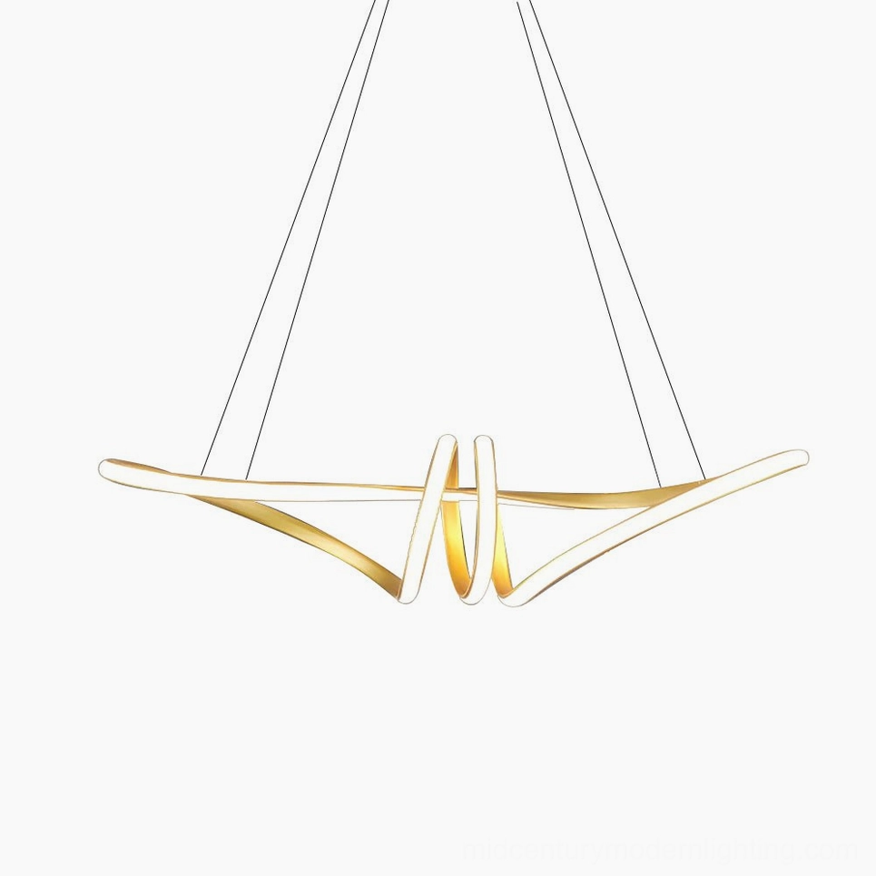 Contemporary gold brushed metal LED chandelier, modern twisted pendant light fixture for minimalist home interior design