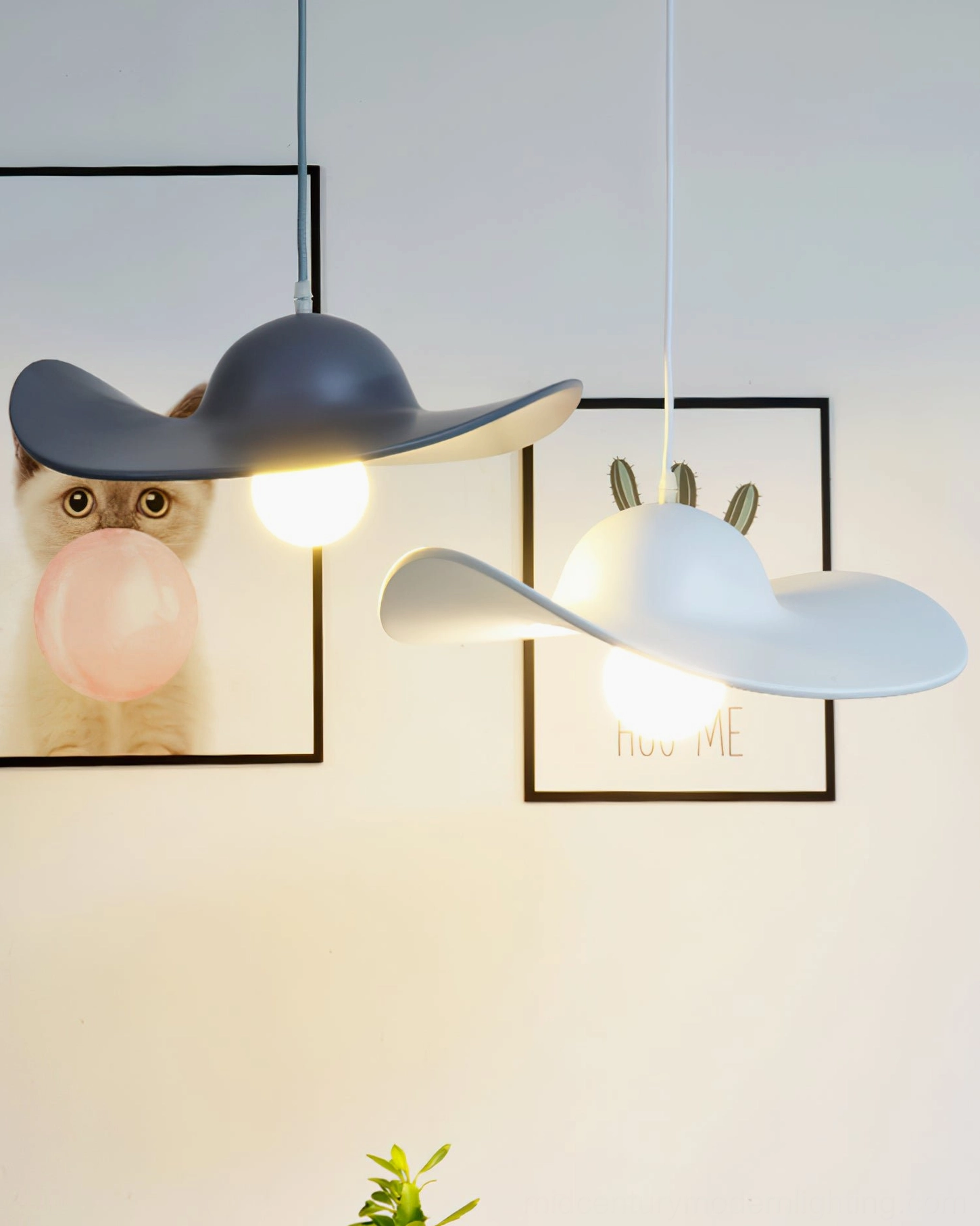 Contemporary straw-inspired hat pendant light showing sculptural silhouette