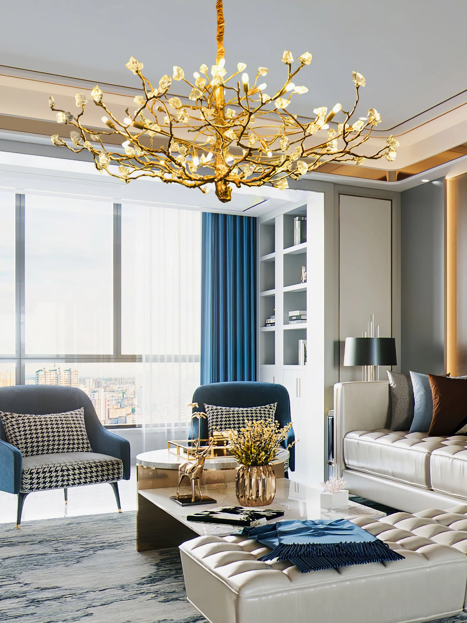 Contemporary home office space illuminated by art deco brass gemstone branch chandelier
