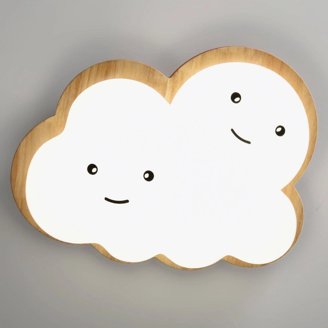 Smiling cloud lamp in contemporary kids bedroom interior showing ceiling installation and room integration