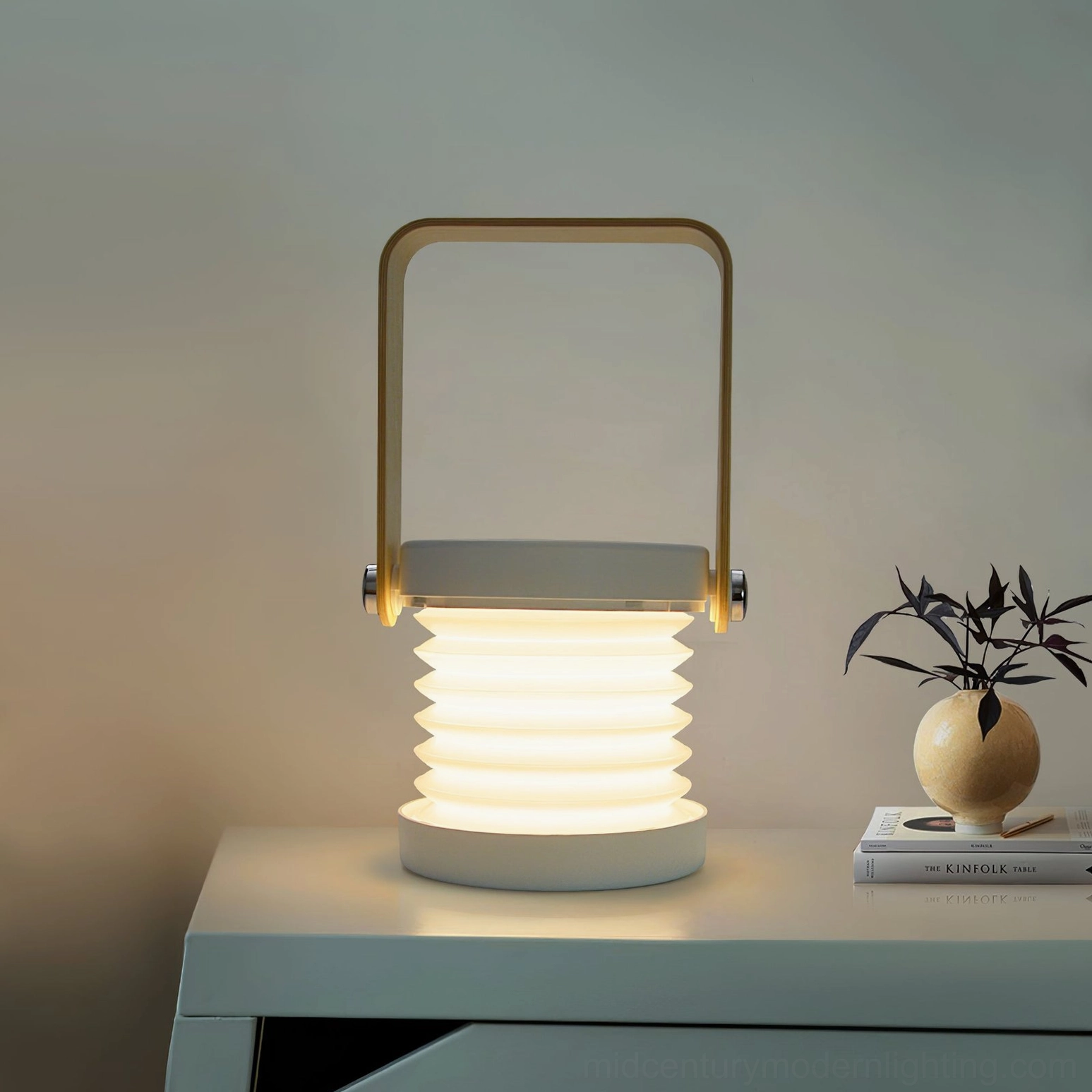 Contemporary lantern lamp in white and natural wood finish, Baltic inspired architectural design