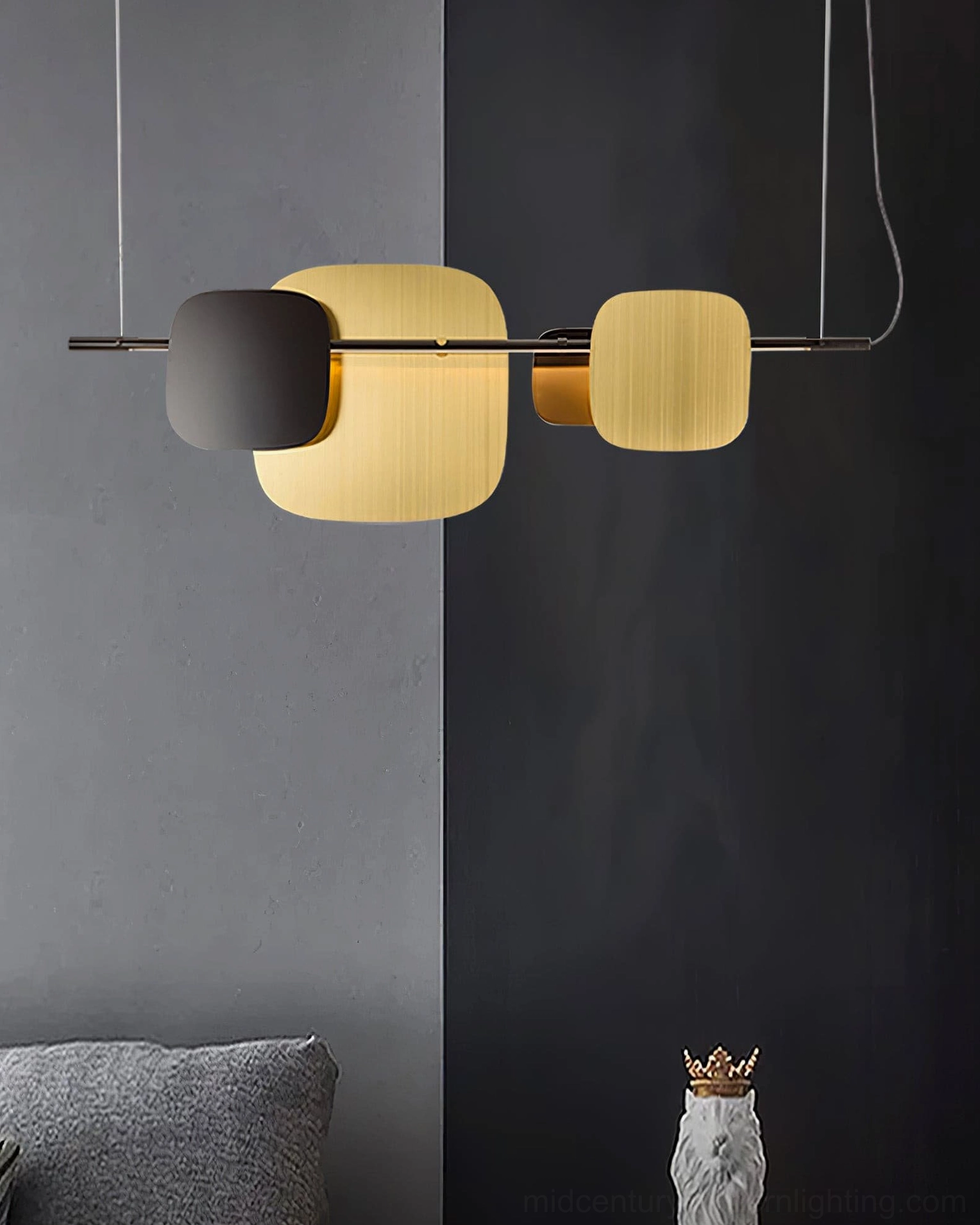 Contemporary linear chandelier with color contrast in modern living space, mid-century modern lighting