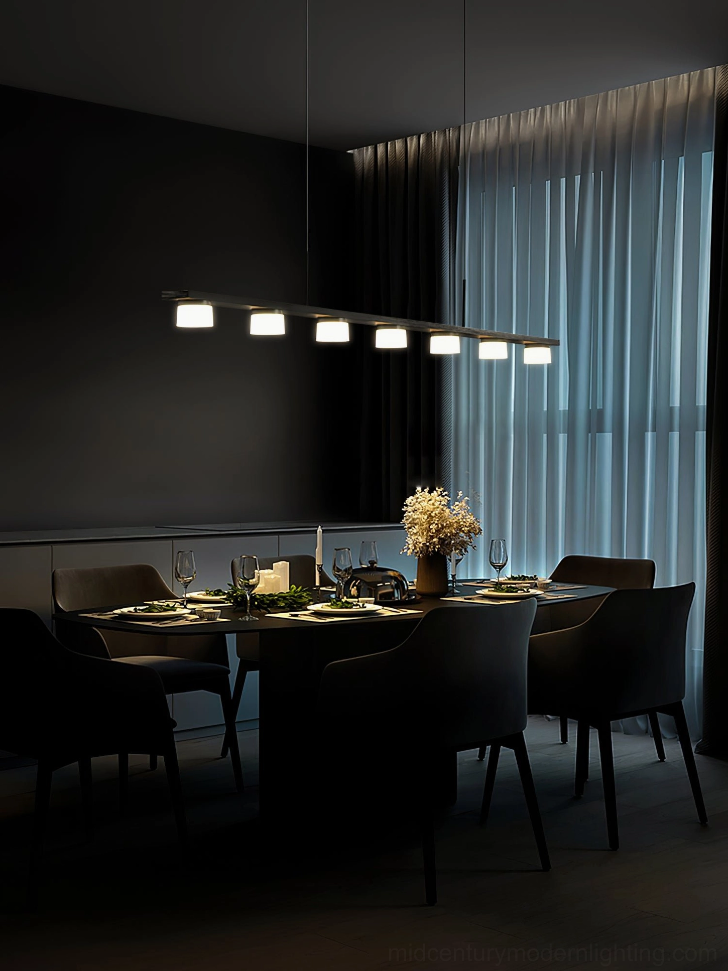 Modern linear pendant light contemporary dining room warm illumination potted plant decor