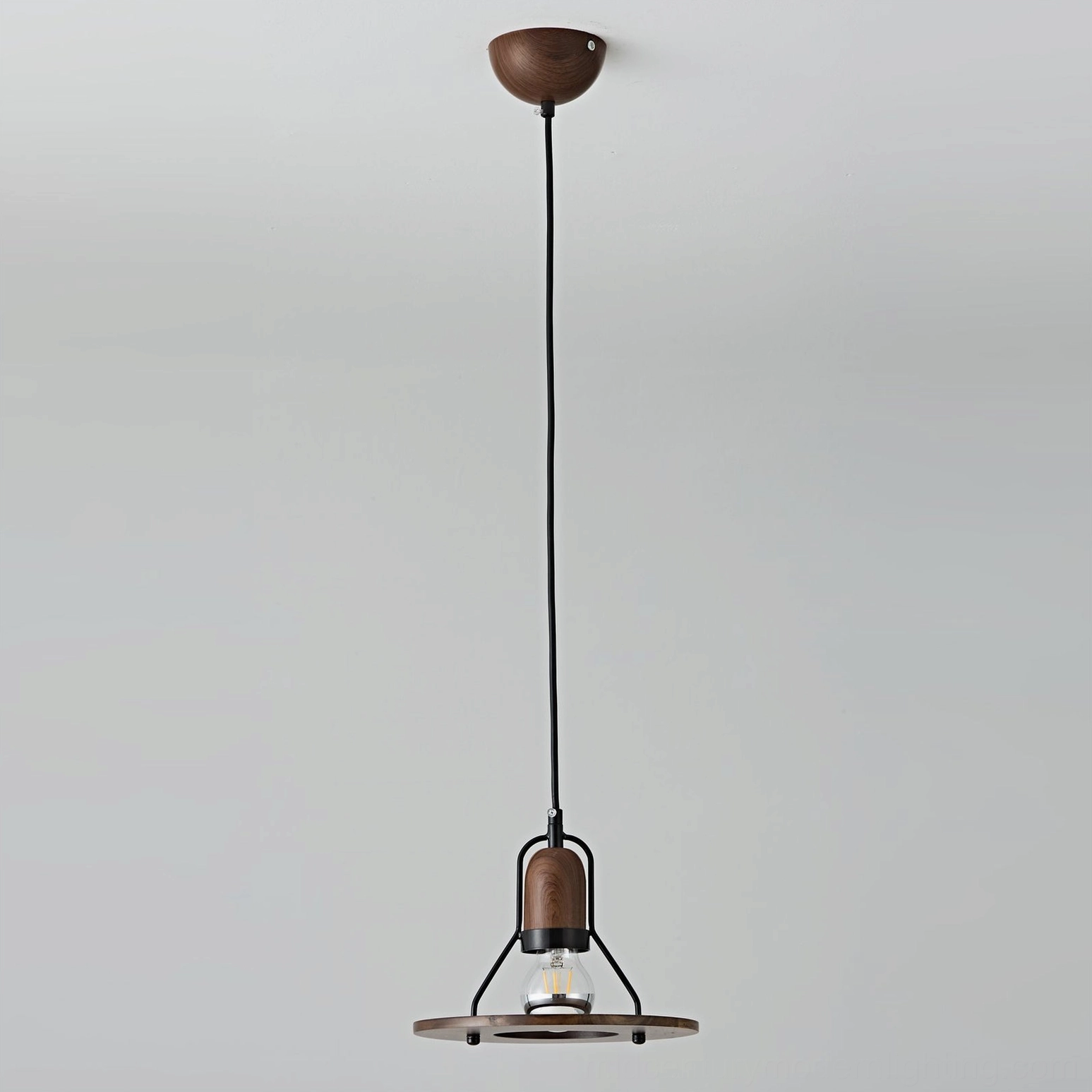 Contemporary mid-century pendant light fixture with contrasting materials, metal and wood design elements