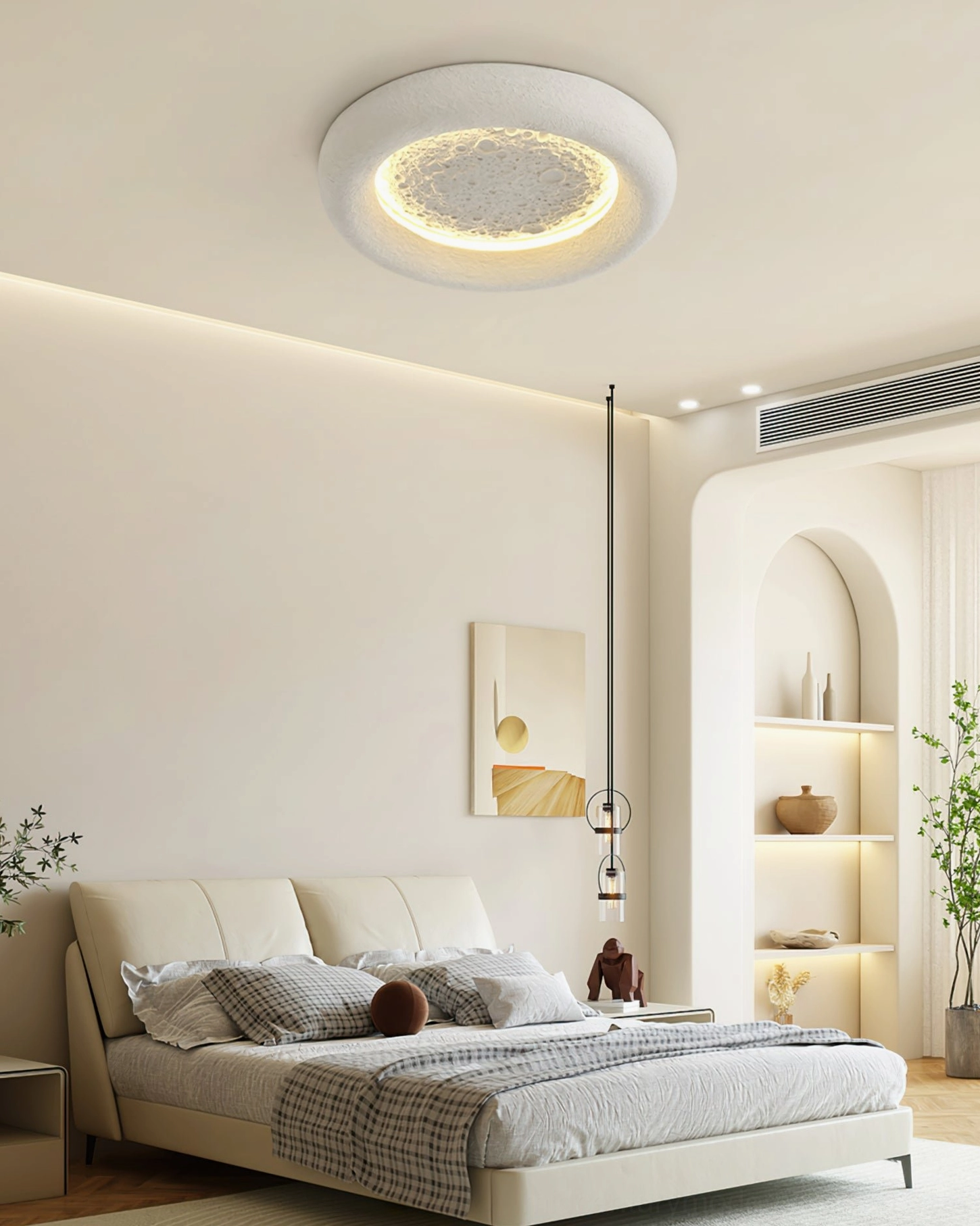 Contemporary moon crater LED ceiling lamp in modern bedroom with display shelf and minimalist decor styling