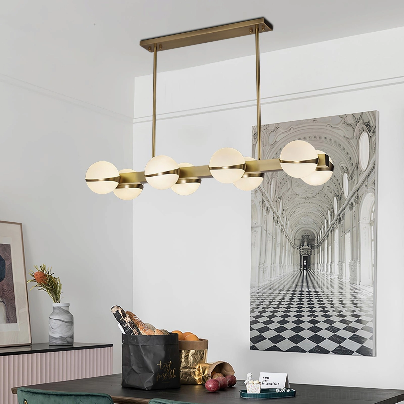 Contemporary multi-head brass pendant, Grand Lustre collection frosted glass shades, modern minimalist ceiling light