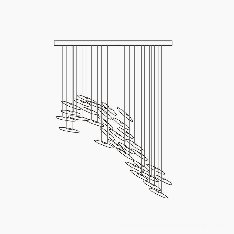 Contemporary cascading pendant chandelier with 20 heads configuration in minimalist studio presentation