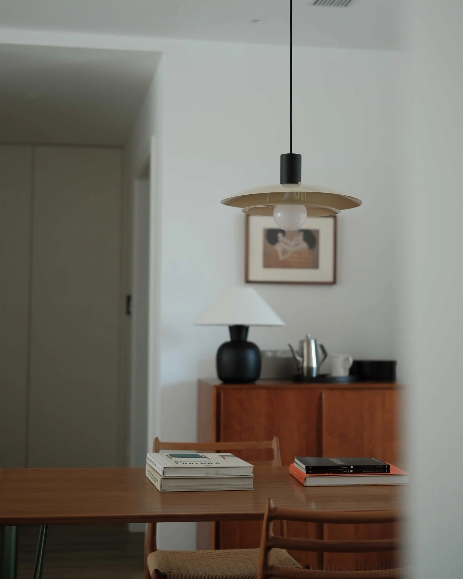 Contemporary pendant lamp showing dual-color options and versatile installation capability in modern dining space