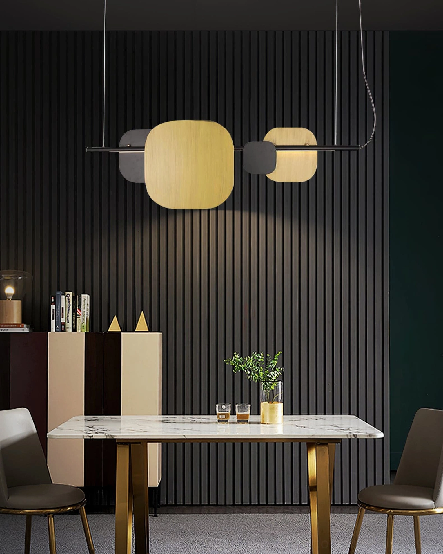 Asymmetrical modern linear pendant light in contemporary dark dining room with minimalist aesthetic