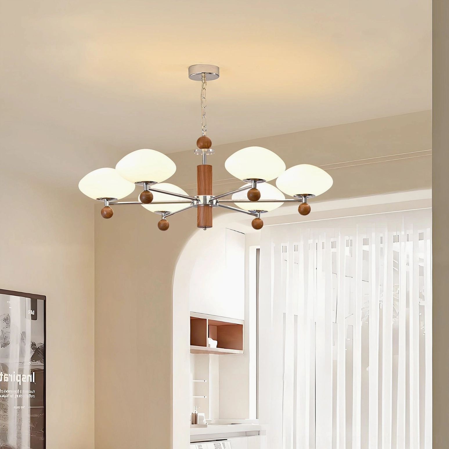 Contemporary pointed chandelier studio photograph - mid-century modern ceiling light fixture with frosted white glass