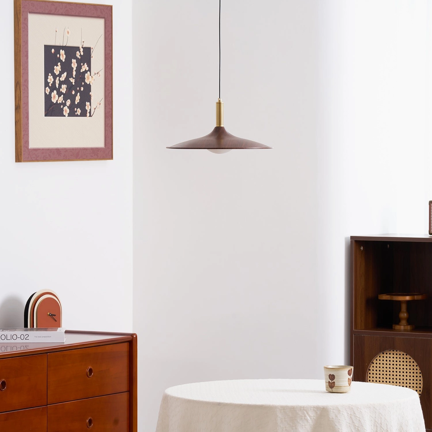 Contemporary ceiling pendant adjustable swing arm walnut shade integrated LED warm cool
