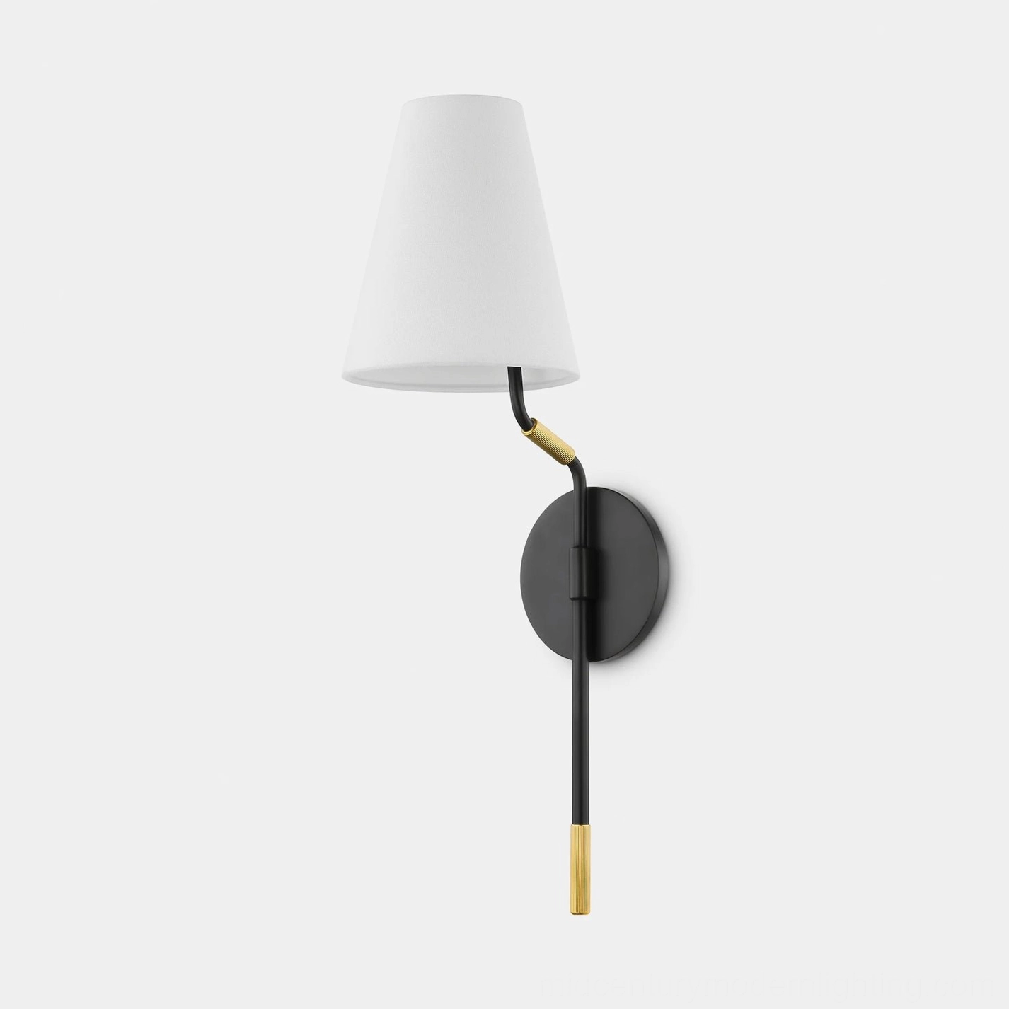 Contemporary minimalist wall lamp with clean black metal frame and brass accents, frontal studio view