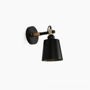 Copita adjustable wall lamp front view with matte black metal shade and natural wood accents on pure white background