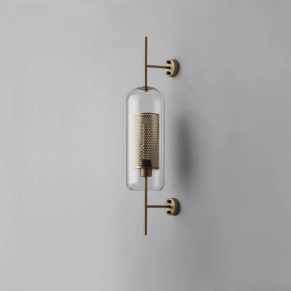 Contemporary glass sconce with copper metal frame and clear glass shade