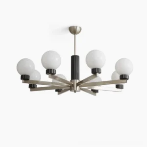 Modern glass globe chandelier with brushed metal frame and dark wood center accent, showing all eight frosted white glass bulbs from overhead perspective
