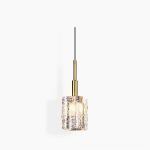 Coralie crystal pendant lamp with textured ripple glass shade and brushed brass fixture, frontal studio view on white background
