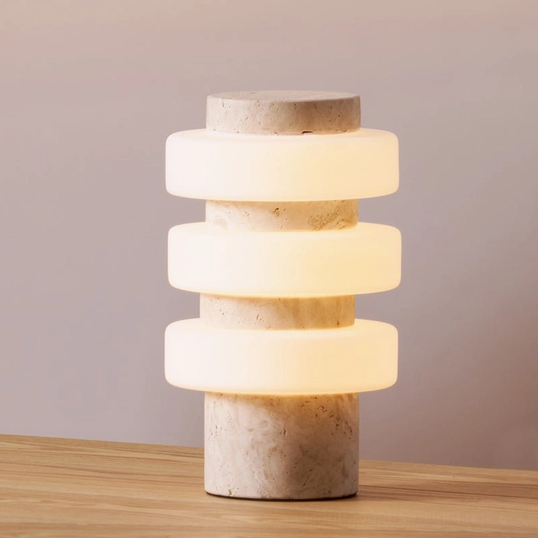 Corba table lamp beige travertine and white frosted glass rings contemporary sculptural lighting
