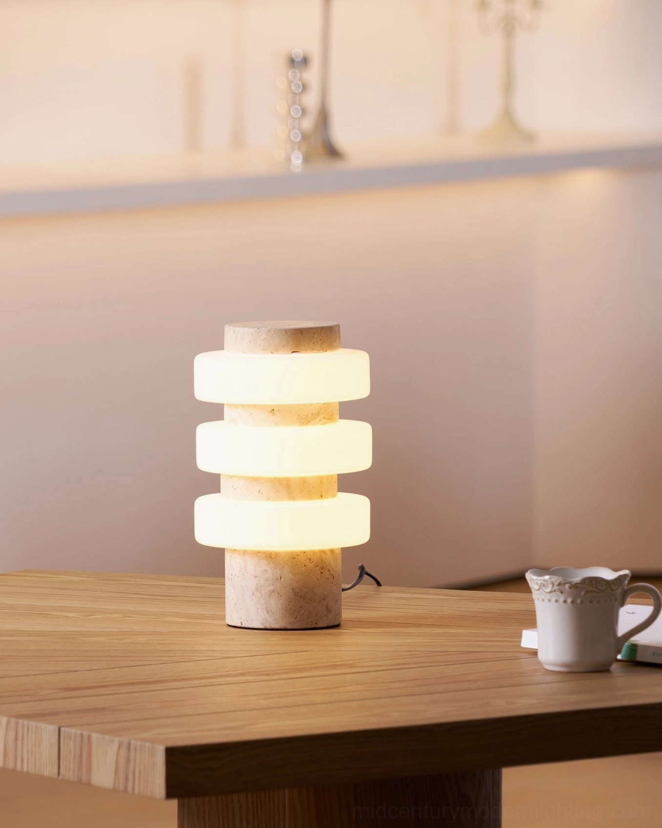 Corba stacked glass table lamp with natural marble base warm illumination detail