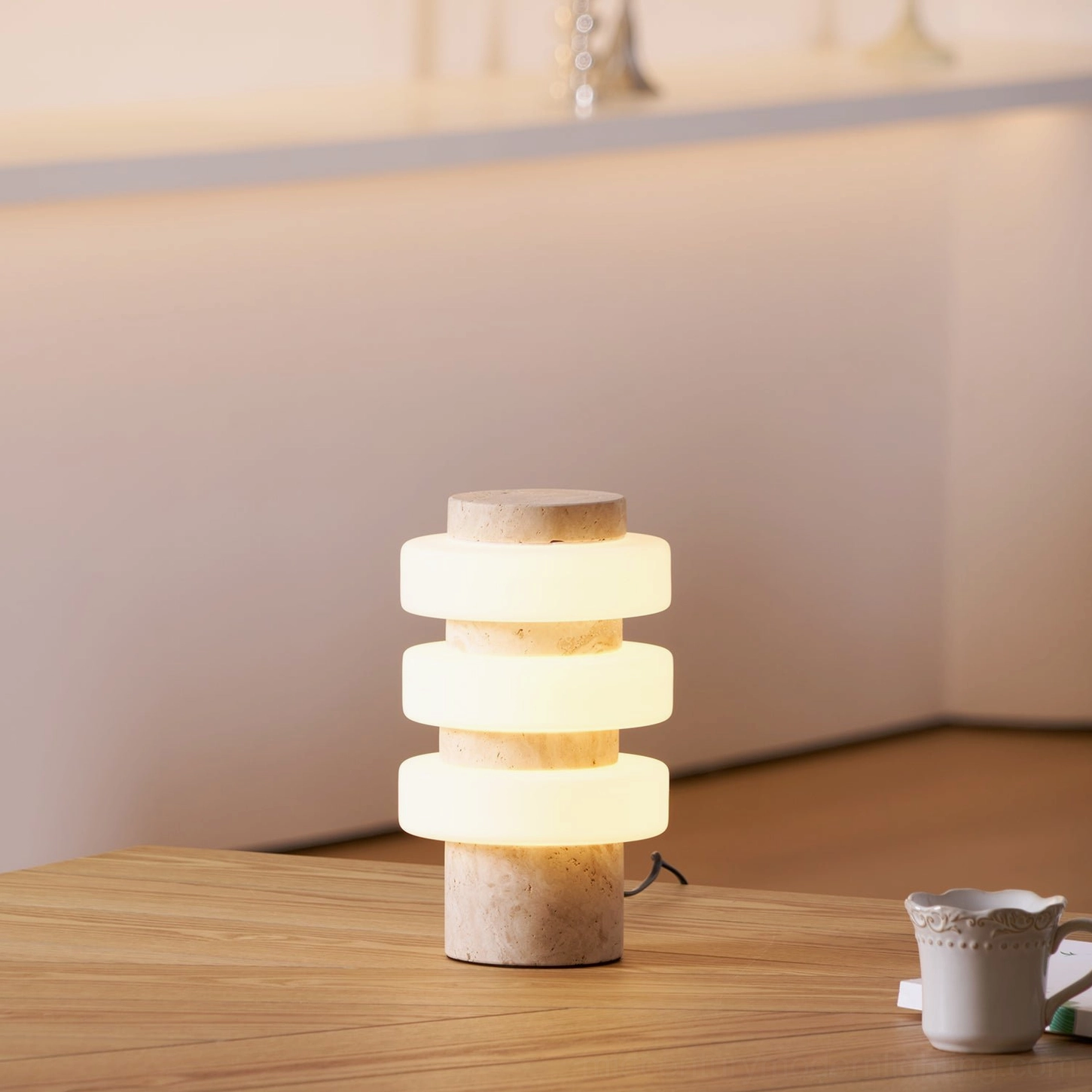 Corba mid-century modern table lamp with frosted glass and stone base side view