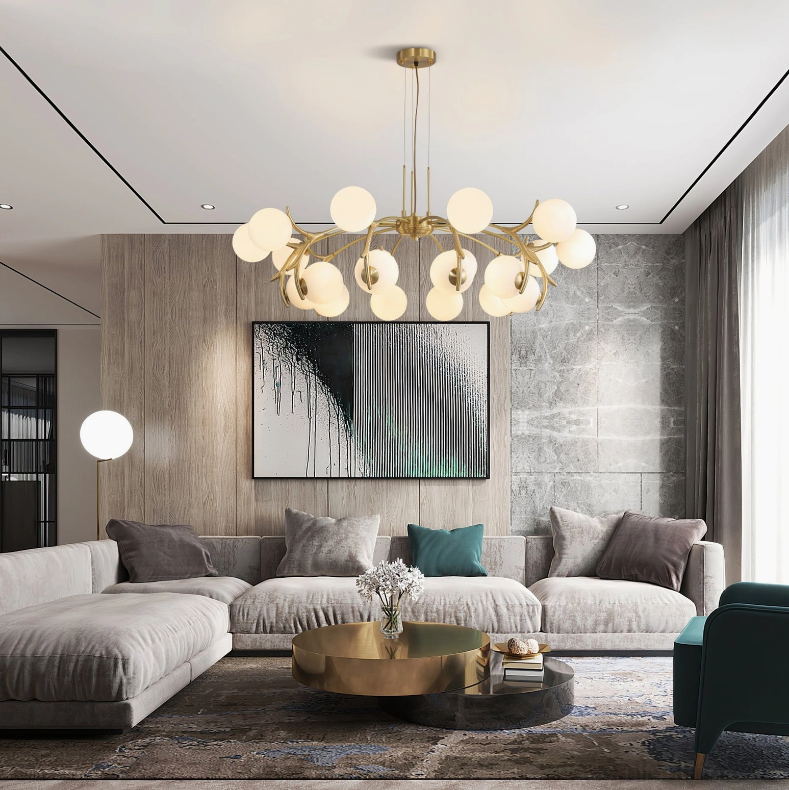 Corbett brass chandelier ceiling installation detail, gold finish and suspension hardware