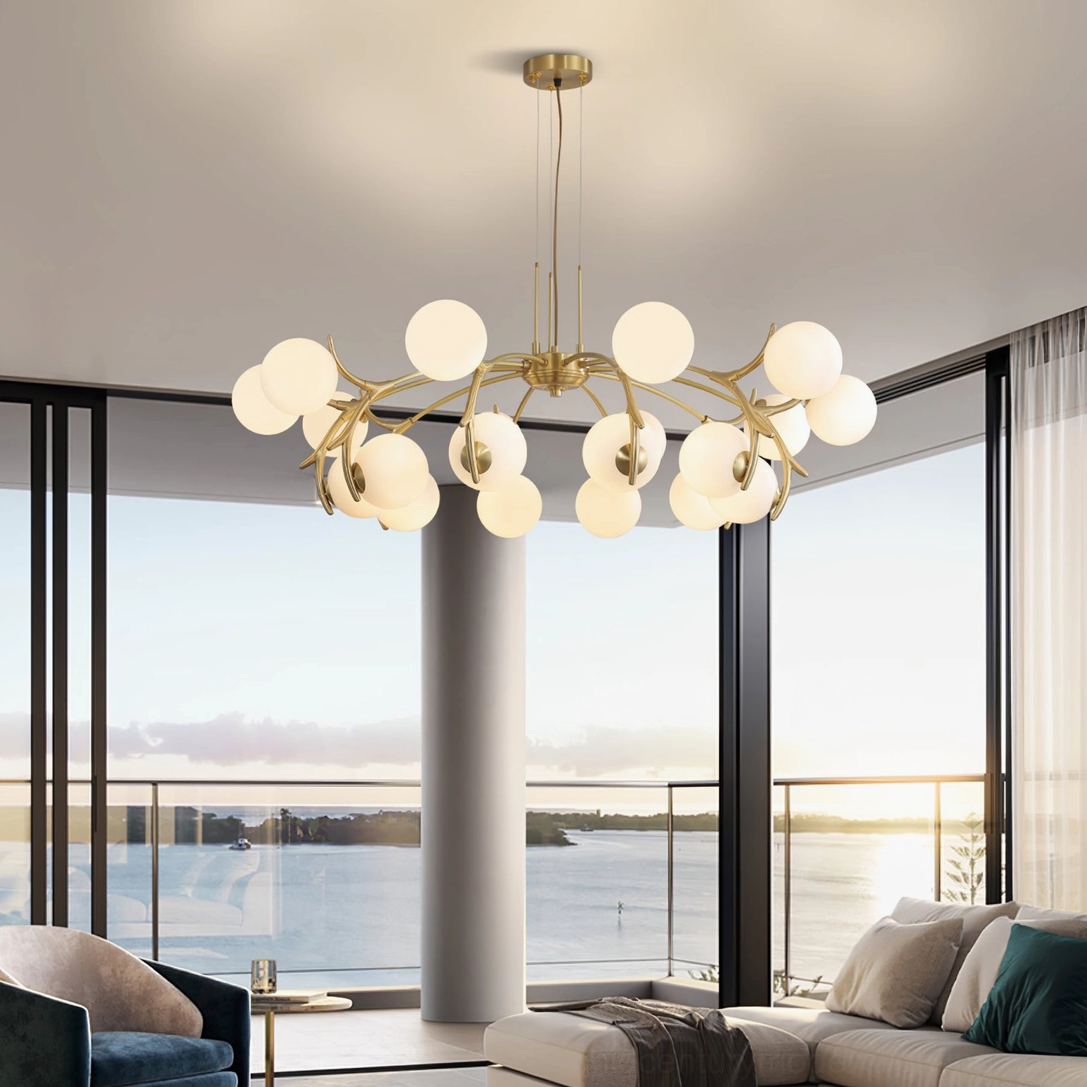Corbett chandelier brass hardware detail, brushed metal mount and curved arm close-up