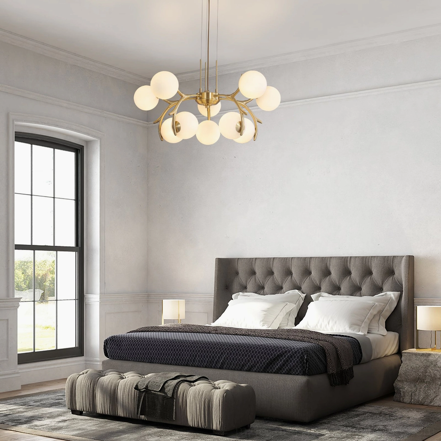 Compact 10-head Corbett chandelier in luxury master bedroom with dark blue wall panels