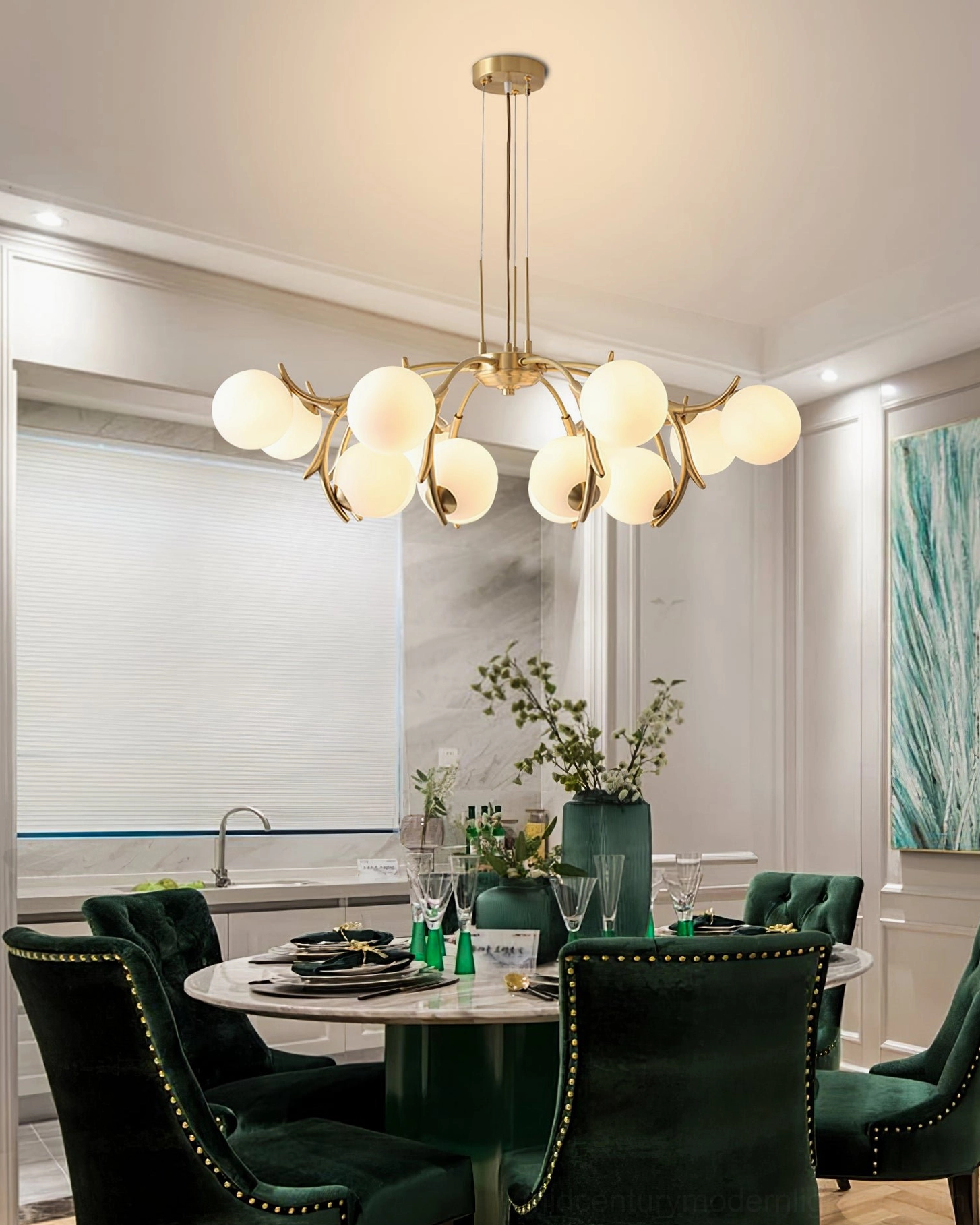 Corbett contemporary chandelier showcasing artistic brass framework and frosted globe design