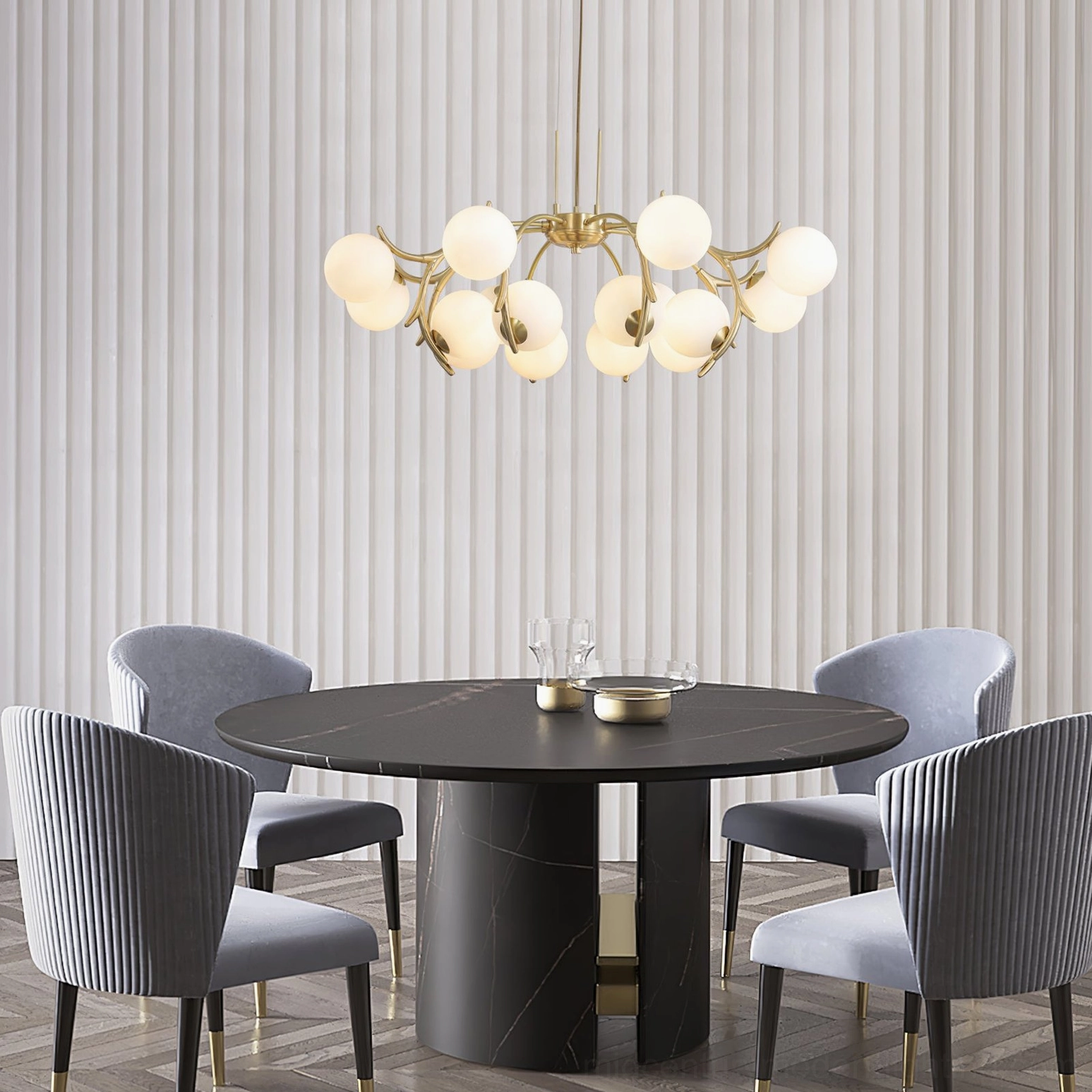 Corbett contemporary gold chandelier in upscale residential setting, statement lighting fixture