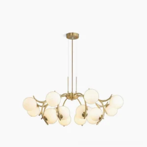 Corbett modern gold chandelier with 10 frosted white glass globe lights, studio overhead view