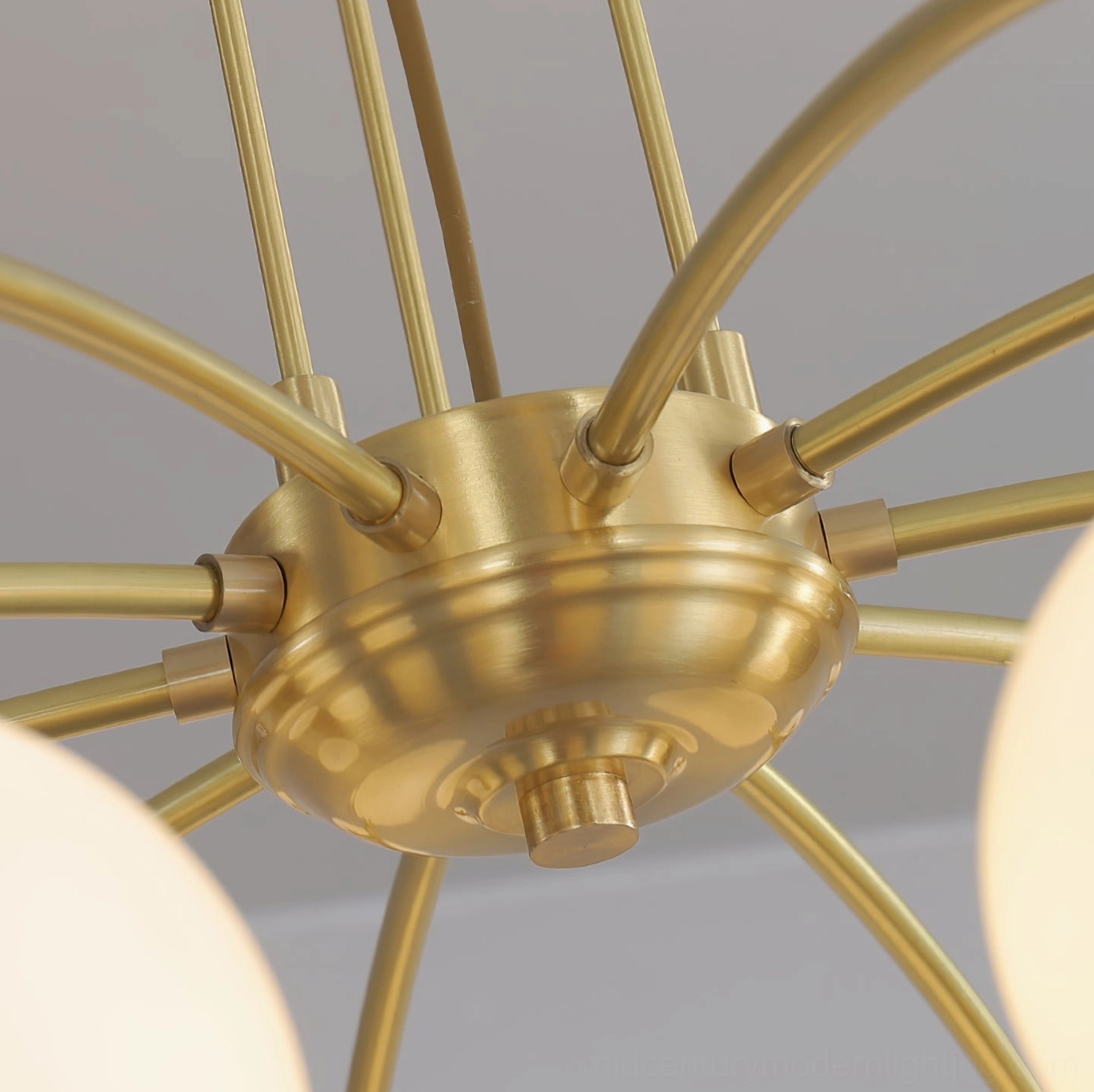 Corbett handcrafted chandelier detail, individual frosted glass shade and metal support