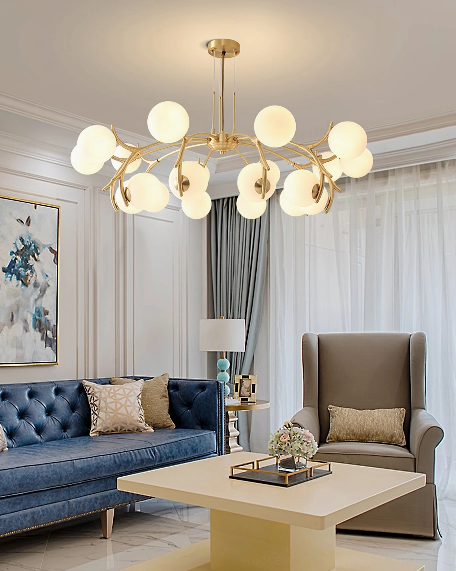 Corbett modern handcrafted chandelier, sculptural brass arms with frosted white globes