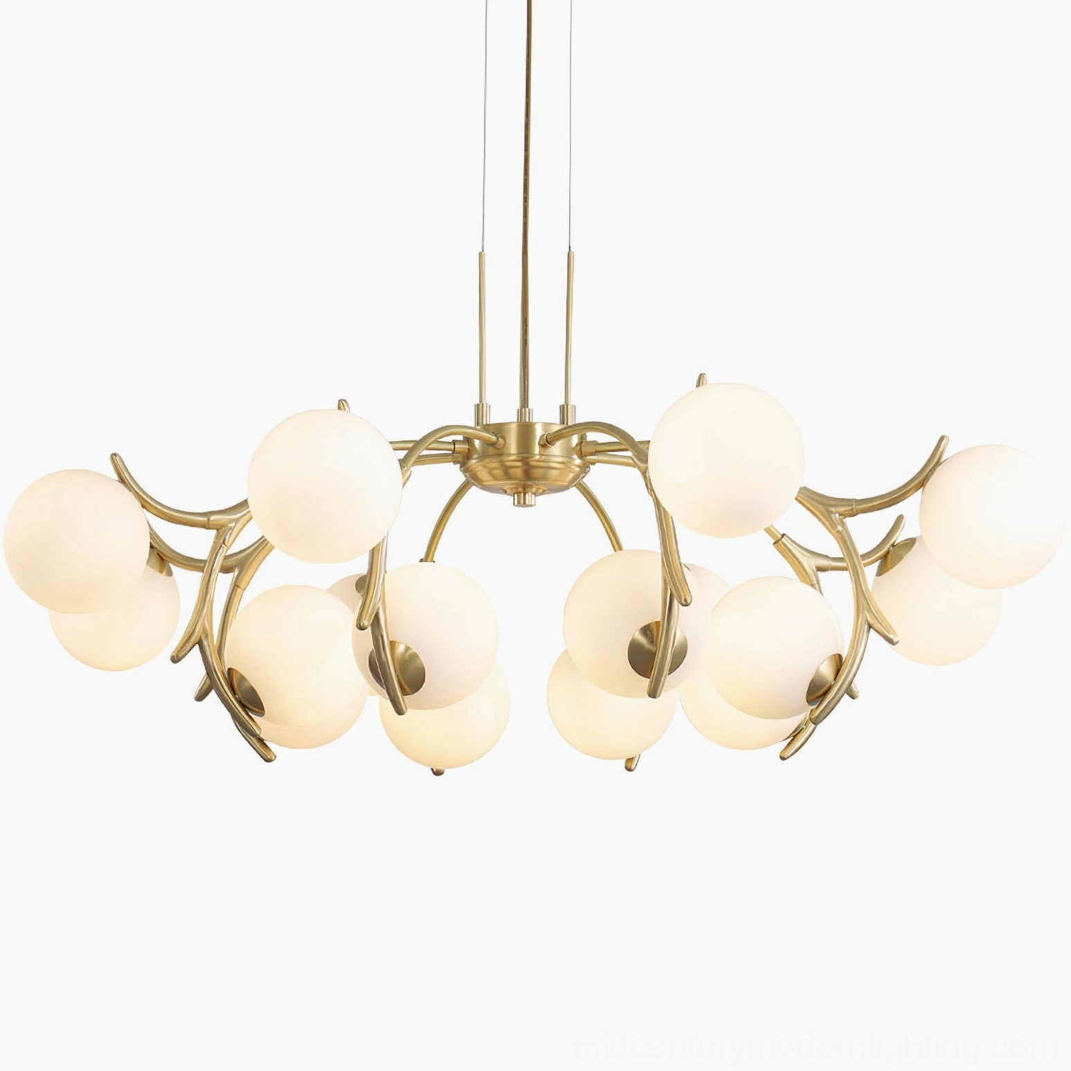 Corbett mid-century modern chandelier silhouette, artistic metal framework and glass shades