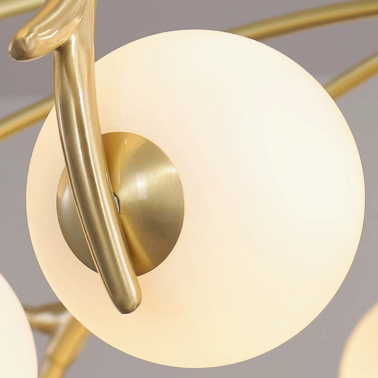 Corbett mid-century modern gold chandelier with handcrafted brass arms, full fixture view