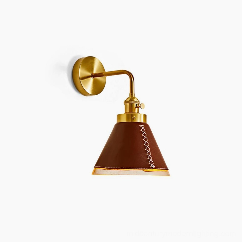 Cordoba wall sconce brown and gold finish brass hardware with premium leather shade for mid-century modern interiors