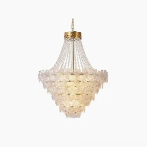 Corinthian crystal glass chandelier with gold-plated metal frame and cascading octagonal crystal beads, front view on white background