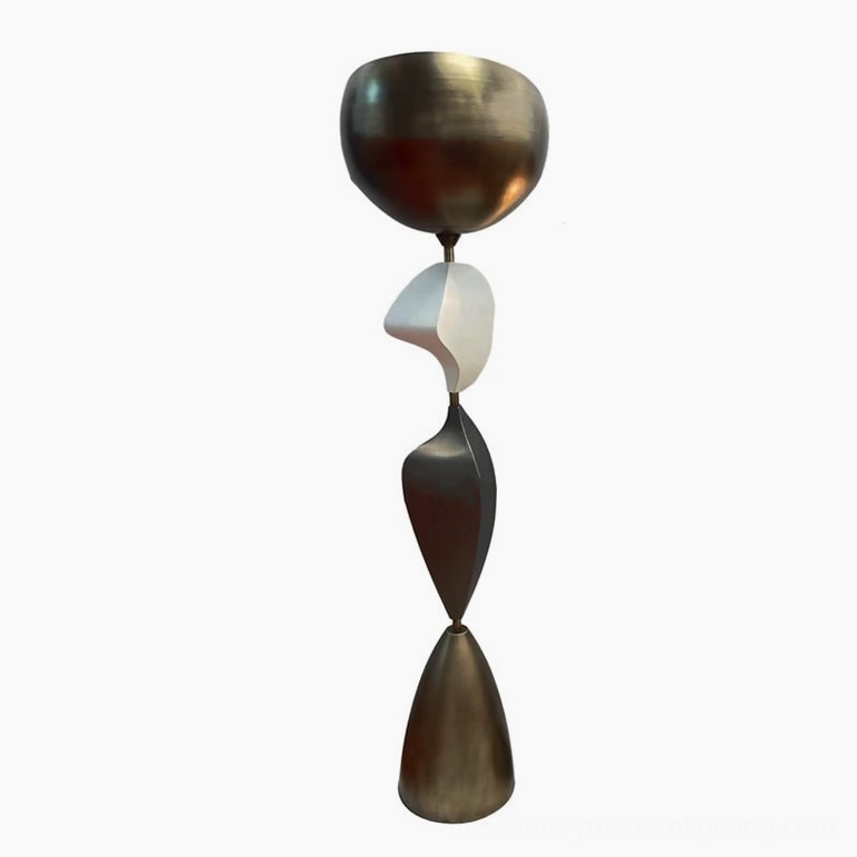 Cosmo mid-century modern floor lamp sculptural bronze design, detail view of shade and metal construction