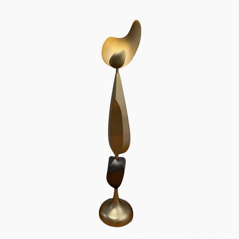 Slim Cosmo abstract floor lamp with polished bronze and black metal, elegant curved organic shape, studio background