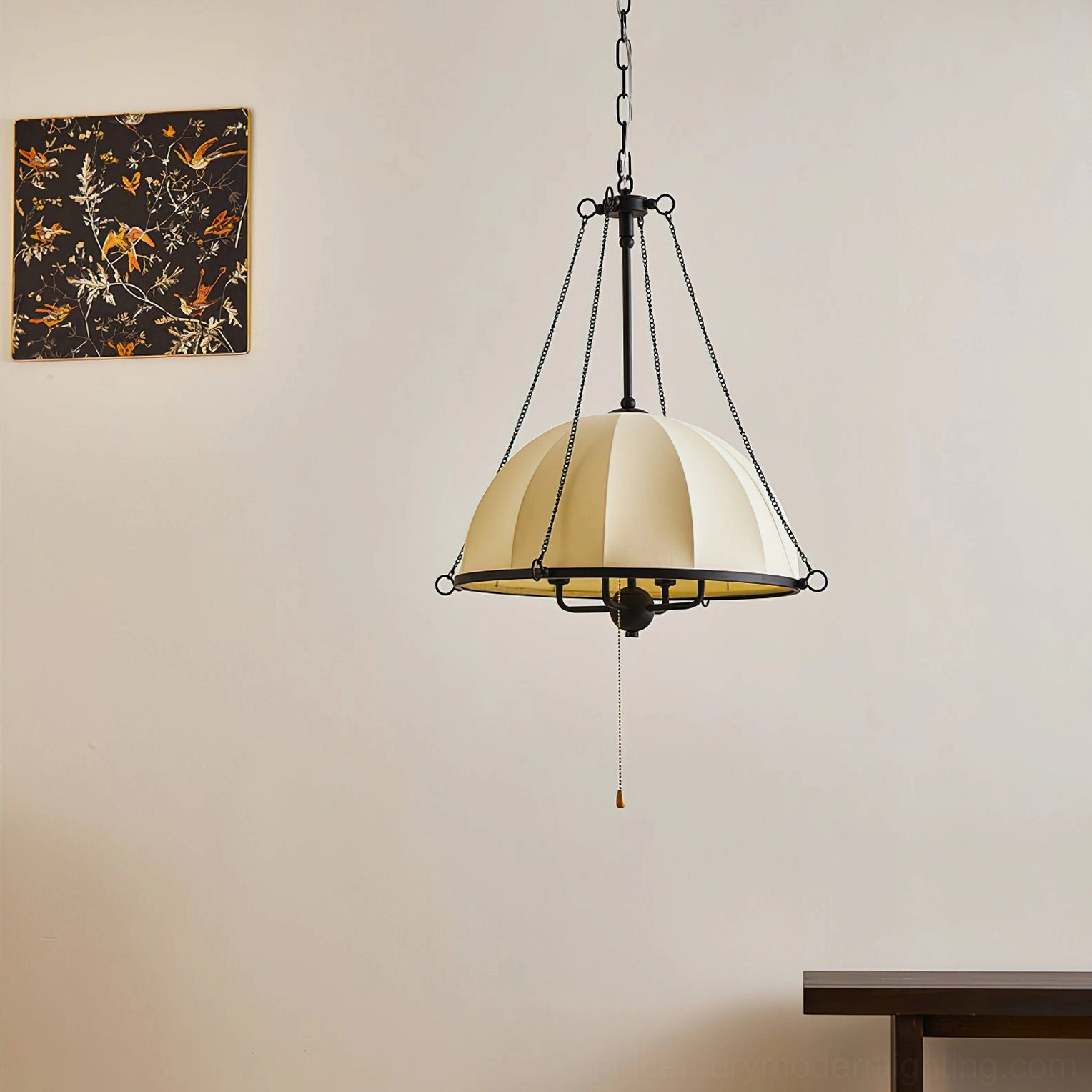 Covina mid-century modern pendant lamp with ribbed shade and pull chain, interior hanging view