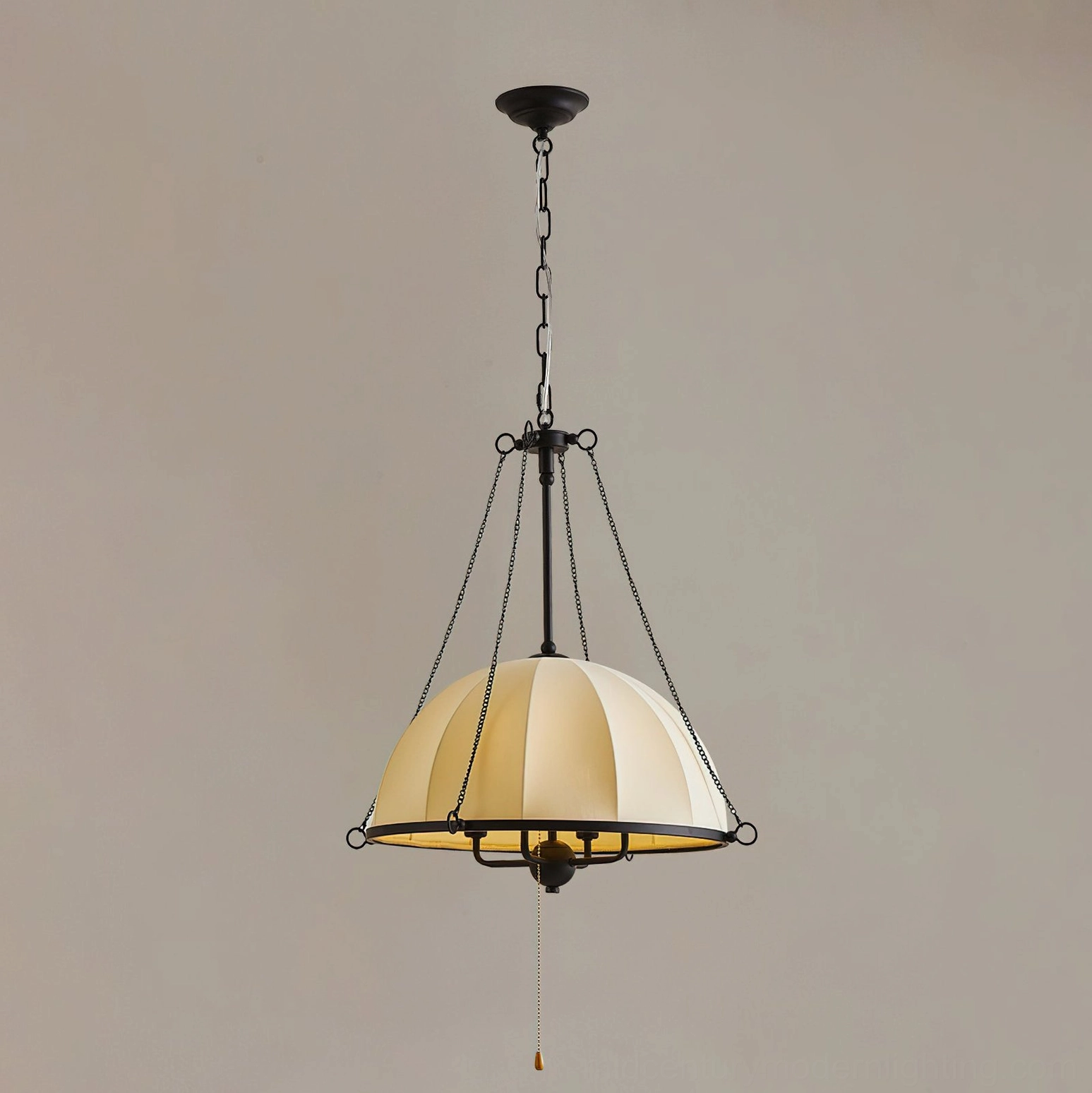 Covina pendant lamp rear view showing black suspension chains and fabric shade construction