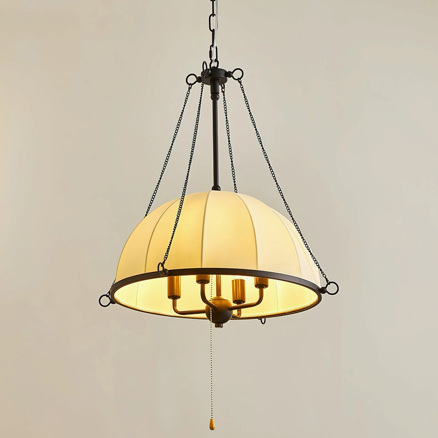 Covina pendant lamp with exposed candle bulbs and two-tone metal finish, warm interior lighting