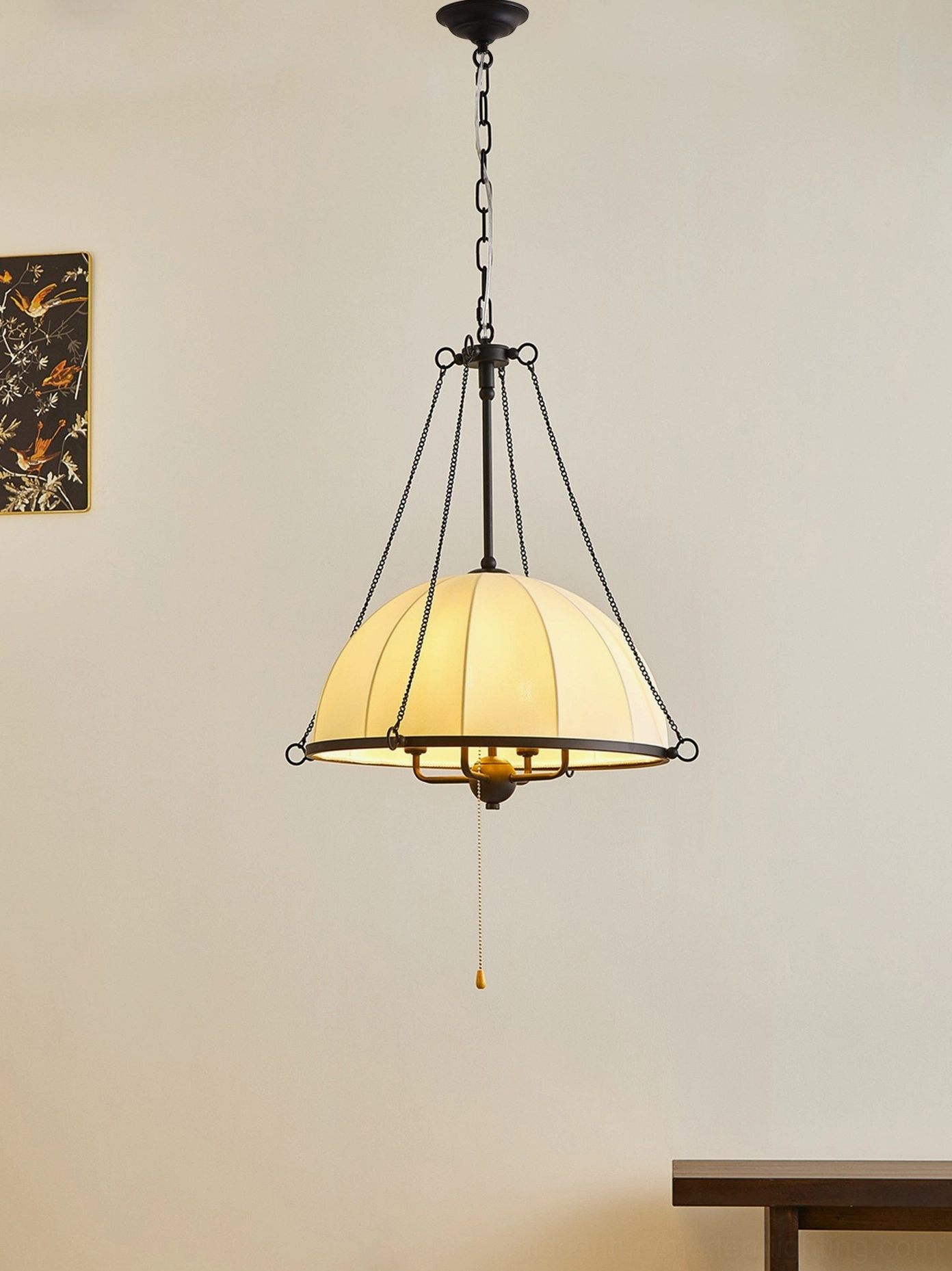 Covina compact pendant lamp with fabric shade providing warm ambient lighting in modern interior