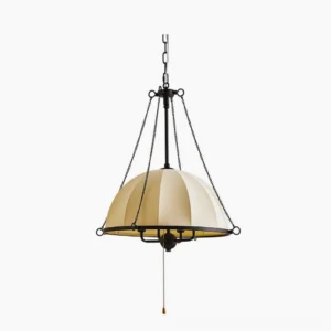 Covina mid-century modern pendant lamp with ribbed fabric shade and black metal hardware, overhead view